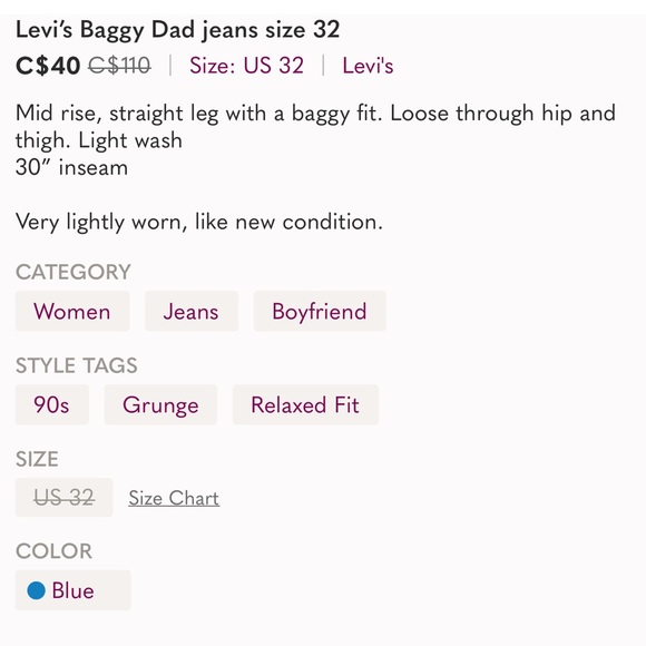 Levi’s Baggy Dad jeans size 32 - Picture 4 of 4